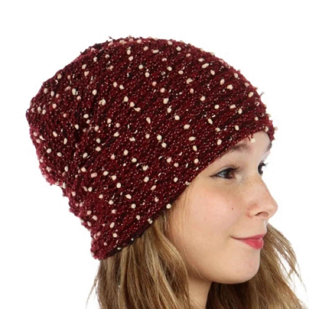 David & Young Knit Long Burgundy Black Ivory Tiny Pompons Stretchy Beanie Hat OS